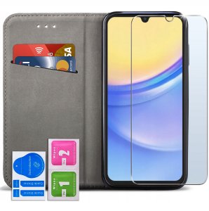 ETUI SKÓRZANE do SAMSUNG GALAXY A15 MAGNETYCZNE BOOK CASE TOKRA SZKŁO 9H 2