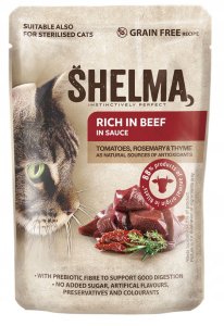 SHELMA saszetka - pełnoporcjowa bezzbożowa karma dla dorosłych kotów. Z kurczakiem, wołowiną, indykiem, kaczką 12x 85 g 9