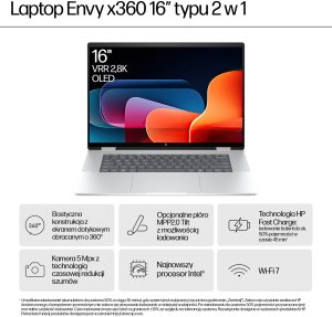 HP ENVY x360 16-ac0048nw Intel Core Ultra 5 125U Hybryda (2w1) 40,6 cm (16") Ekran dotykowy 2K 16 GB LPDDR5-SDRAM 512 GB SSD Wi-Fi 7 (802.11be) Windows 11 Home Srebrny 15