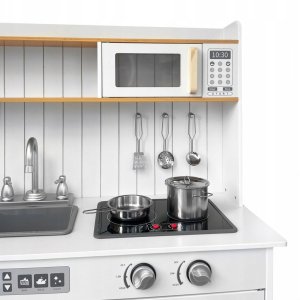 Drewniana kuchnia dla dzieci KiddieCookey Biała akcesoria + koszyk pieczywa 11