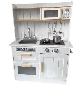 Drewniana kuchnia dla dzieci KiddieCookey Biała akcesoria + koszyk pieczywa 4