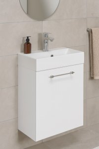 Szafka łazienkowa wisząca z umywalką 60x50cm Biały połysk uchwyt chrom Elara 7