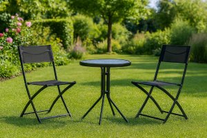 Zestaw mebli ogrodowych stolik szklany okrągły 50cm i 2 krzesła składane Tadar Patio 2