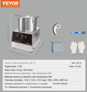 Cutter mikser szatkownica blender mikser gastronomiczny 750W 7,71L 6