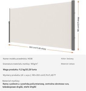 Markiza boczna parawan osłona na taras roleta przeciwsłoneczna 180 x 350 cm 6