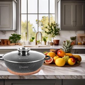 Wok Aluminiowy 28cm 3,3l z pokrywką. Powłoka Marmurowa. Masterpan 2