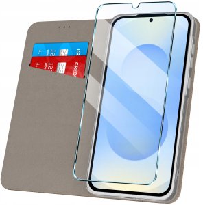 Etui z klapką do Samsung S25 Zamykane Złote Futerał + Szkło 9H 2