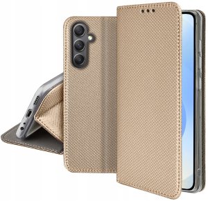 Etui z klapką do Samsung S25 Zamykane Złote Futerał + Szkło 9H 5