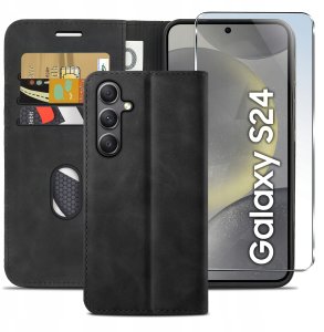 krainaGSM ETUI Z KLAPKĄ do Samsung S24 Zamykane Magnetyczne Kabura Czarne + Szkło 2