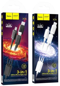 Kabel USB Hoco USB-A - USB-C + microUSB + Lightning 1 m Czarny 6