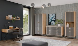 Komoda Szafka jednodrzwiowa z 3 szufladami Dąb Szary Złoty DANTE DT03 14