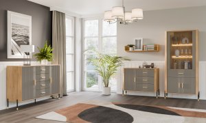 Komoda Szafka jednodrzwiowa z 3 szufladami Dąb Szary Złoty DANTE DT03 15