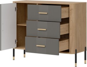 Komoda Szafka jednodrzwiowa z 3 szufladami Dąb Szary Złoty DANTE DT03 3