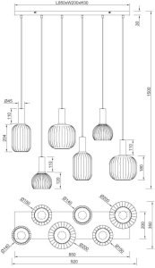 Pendant lamp TRIO DIVA, 6xE27, max 6x10W brass/white 85x20x150cm 8