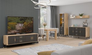 Komoda Szafka trzydrzwiowa z 4 szufladami Dąb Antracyt Czarny DANTE DT10 9