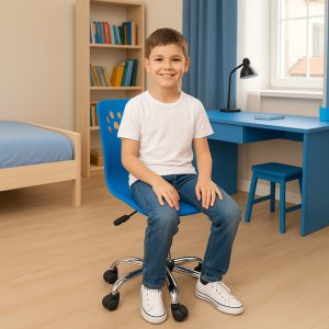 Fotel dziecięcy do biurka, obrotowe krzesło na kółkach regulowane dla dzieci do nauki, niebieskie UNIWERSALNY 14