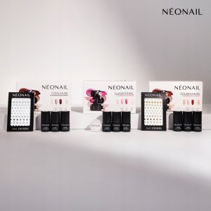 NEONAIL_SET Golden Muse Blushing Red lakier hybrydowy 3ml + Sunset Nude lakier hybrydowy 3ml + Blush Flush lakier hybrydowy 3ml + Metallic Gold naklejki do paznokci 1szt 3