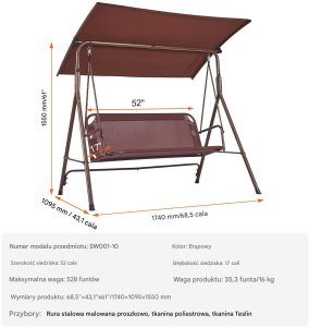 Huśtawka Ogrodowa 3-osobowa z Regulowanym Daszkiem  174 cm 240 kg Udźwigu 2