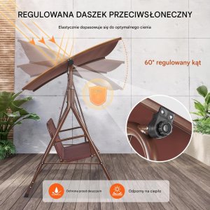 Huśtawka Ogrodowa 3-osobowa z Regulowanym Daszkiem  174 cm 240 kg Udźwigu 3