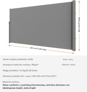 Markiza boczna parawan szara na taras roleta przeciwsłoneczna 180 x 350 cm 8
