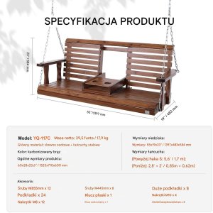 Huśtawka ogrodowa 150cm ławka wisząca 400kg na łańcuchach brązowa 2