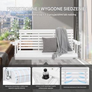 Drewniana huśtawka ogrodowa wisząca na taras werandę biała 170 cm 3