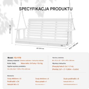 Drewniana huśtawka ogrodowa wisząca na taras werandę biała 137 cm 6