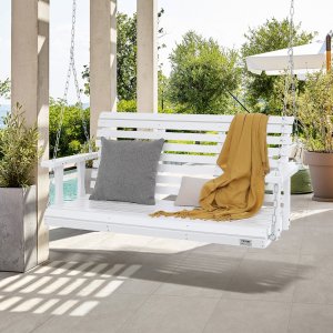 Drewniana huśtawka ogrodowa wisząca na taras werandę biała 137 cm 8