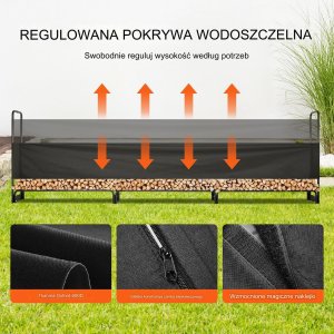 Vevor Stojak na drewno opałowe kominkowe duży kosz metalowy +plandeka 386x36cm 3