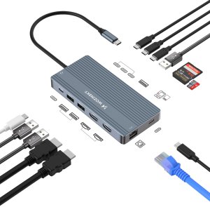14w1 HUB do 3 monitorów USB-A USB-C DisplayPort HDMI RJ45 SD TF mini jack - szary 14w1 HUB do 3 monitorów USB-A USB-C DisplayPort HDMI RJ45 SD TF mini jack - szary 2