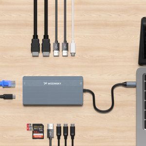 14w1 HUB do 3 monitorów USB-A USB-C DisplayPort HDMI RJ45 SD TF mini jack - szary 14w1 HUB do 3 monitorów USB-A USB-C DisplayPort HDMI RJ45 SD TF mini jack - szary 4