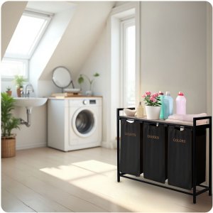 Kosz na pranie Massido Kosz na pranie bieliznę trzykomorowy na stelażu 120 l 8