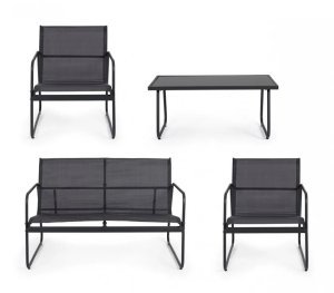Black Forest Garden Furniture Set, Texteline Two Chairs + Lounger + Folding Table Black 2