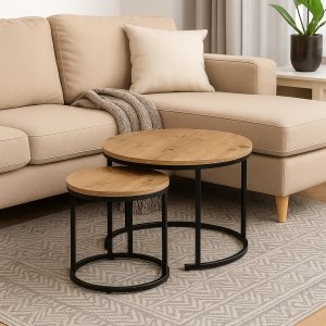 Nowoczesne stoliki kawowe okrągłe zestaw 2w1 loft industrial ława stół stolik dąb antyczny jasny 10