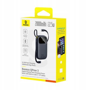 Powerbank Baseus EnerFill FC31 20000mAh 22.5W z wyświetlaczem cyfrowym i 2 wbudowanymi kablami (USB-C + Lightning) - czarny 12