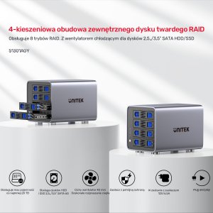 Kieszeń Unitek Obudowa RAID do dysku SATA 2.5''/3.5'' 8 trybów 80TB USB-C 14