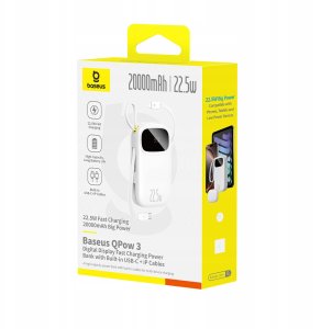 Powerbank Baseus EnerFill FC31 20000mAh 22.5W z wyświetlaczem cyfrowym i 2 wbudowanymi kablami (USB-C + Lightning) - biały 19