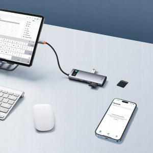 Hub USB-C Baseus Metal Gleam 7w1 HDMI 4K 60Hz / 3x USB 3.0 / USB-C PD / SD / microSD – szary 13