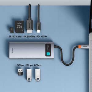 Hub USB-C Baseus Metal Gleam 7w1 HDMI 4K 60Hz / 3x USB 3.0 / USB-C PD / SD / microSD – szary 3