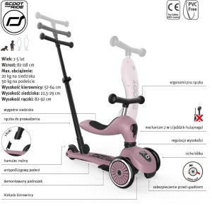 Zestaw: Scoot and Ride HK1 Push and Go 2w1 jeździk i hulajnoga dla dzieci 1-5 lat, kolor: Wildberry + kask rozm. XXS-S + ochraniacze ROSE XXS 18