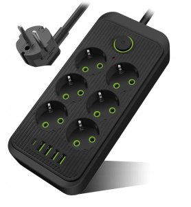 LISTWA ZASILAJĄCA PRZEDŁUŻACZ USB ANTYPRZEPIĘCIOWA 2M 6 GNIAZD 4 USB 5