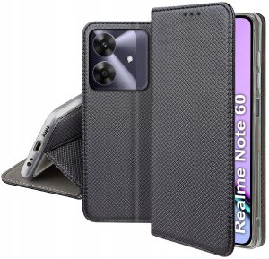 krainaGSM Etui z klapką do Realme Note 60 Zamykane Czarne Futerał + Szkło 9H 5