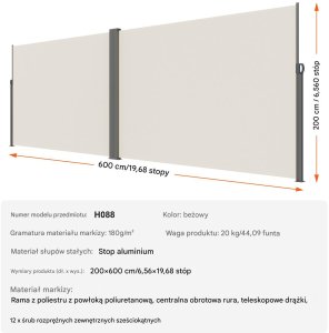 Parawan boczny na taras markiza osłona na roleta przeciwsłoneczna 200x600cm 6