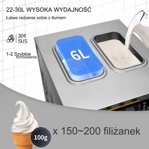 Maszyna do lodów 22-30L/h 2350W  lodziarnia 2 zbiorniki 6L 12