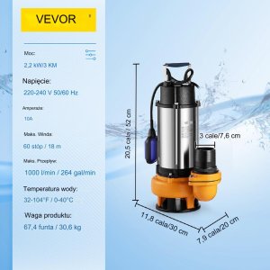Vevor Pompa głębinowa membranowa górnossąca do wody studni zanurzeniowa 2200 W 12