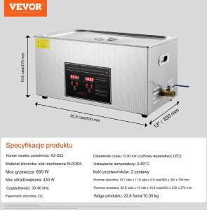 Vevor Myjka Ultradźwiękowa do czyszczenia biżuterii narzędzi 22L 480 W 6