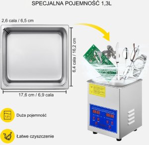 Vevor Myjka Ultradźwiękowa do czyszczenia biżuterii narzędzi 60W 1,3L 5
