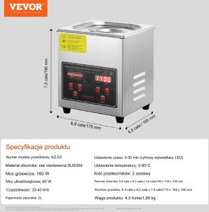 Vevor Myjka Ultradźwiękowa do czyszczenia biżuterii narzędzi 2L 60 W 7