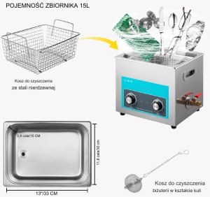 Vevor Myjka Ultradźwiękowa do czyszczenia biżuterii narzędzi 15L 5