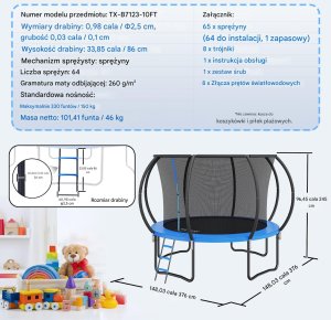 Trampolina ogrodowa 376 cm siatka, drabinka, dla dzieci, solidna konstrukcja 12